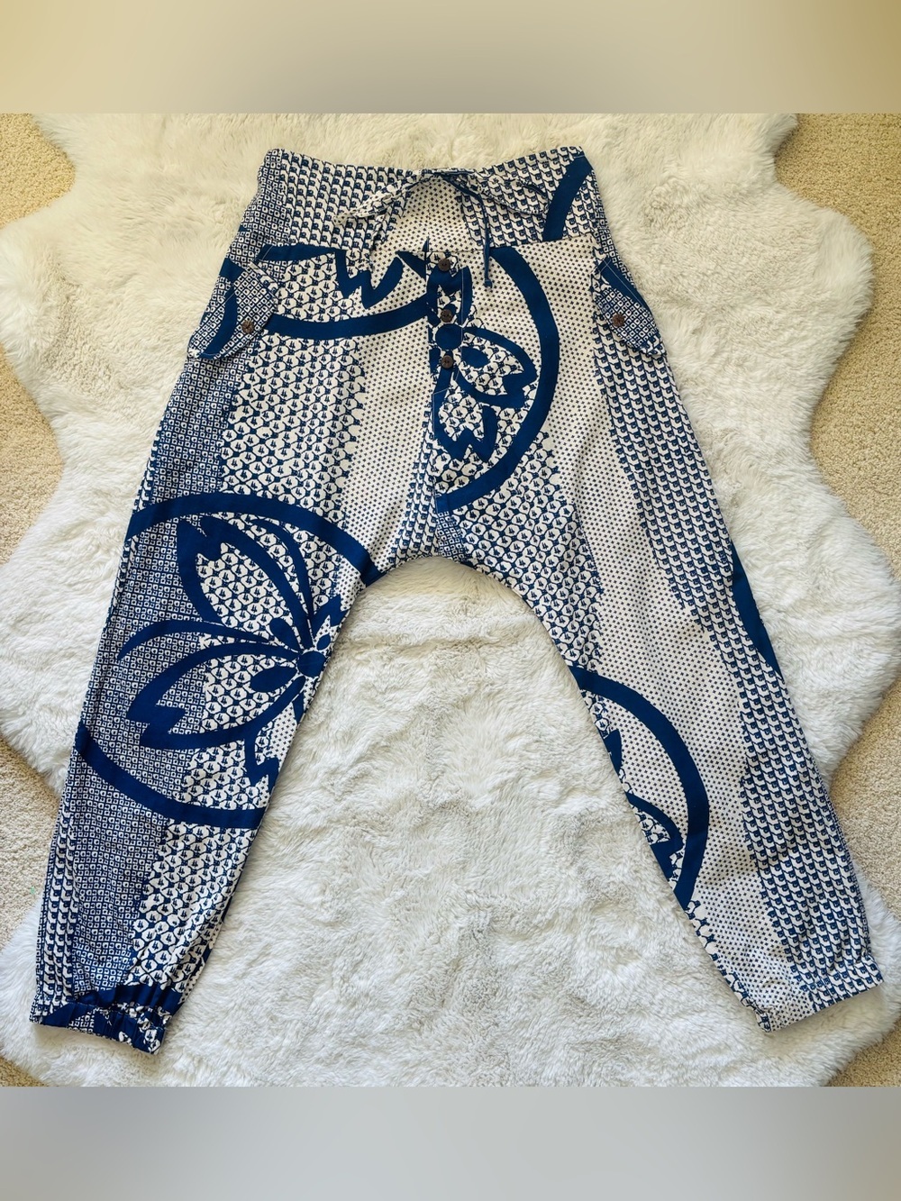 Aladdin Harem Boho Balloon Blue & White Pants With Pockets Size: XL